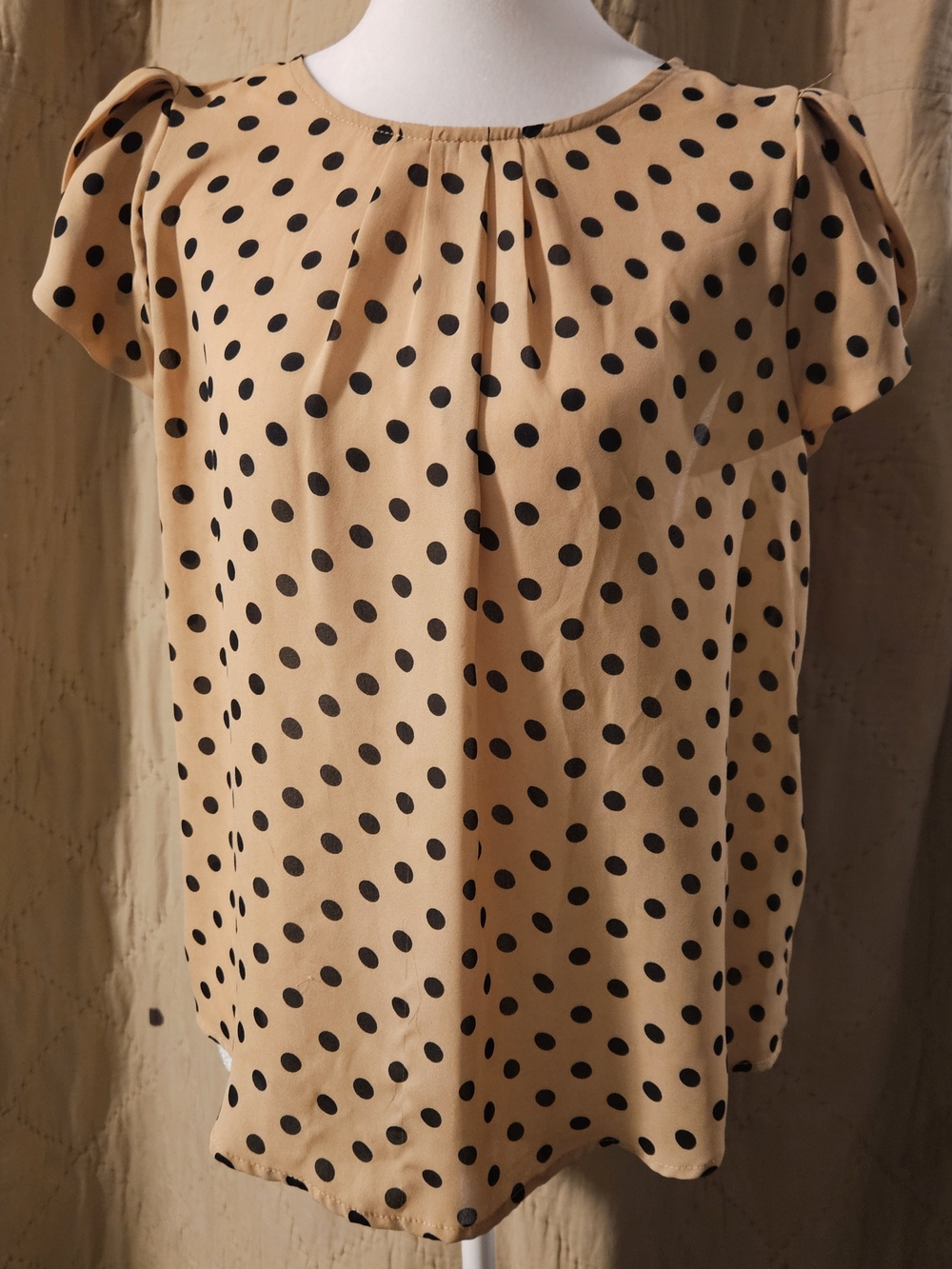 Papermoon L Tan Black Polka Dot Blouse Tulip Sleeve Pleated Keyhole Work Top